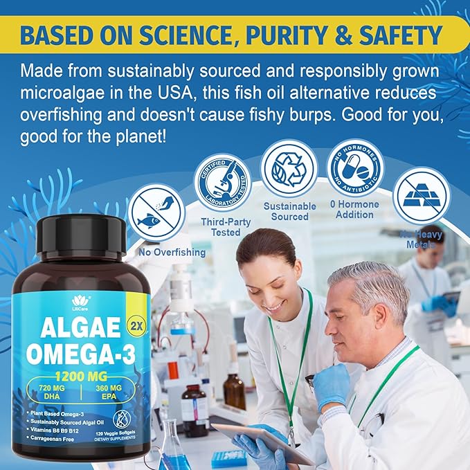 (Made in USA) Fish Oil Alternative Omega-3 Supplement for Women Men, Vegan Algae Oil Science Backed 2:1 Ratio DHA 720mg EPA 360mg, Plant Based Omega-3 Softgels for Brain Eye, No Fish Taste, 240Cts