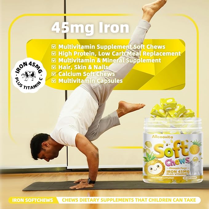 Iron Soft Chews Supplement with Vitamin C | Pineapple Flavored | Gluten Free | Iron Supplement for Women Men and Kids | 60 Count | 2 Month Supply