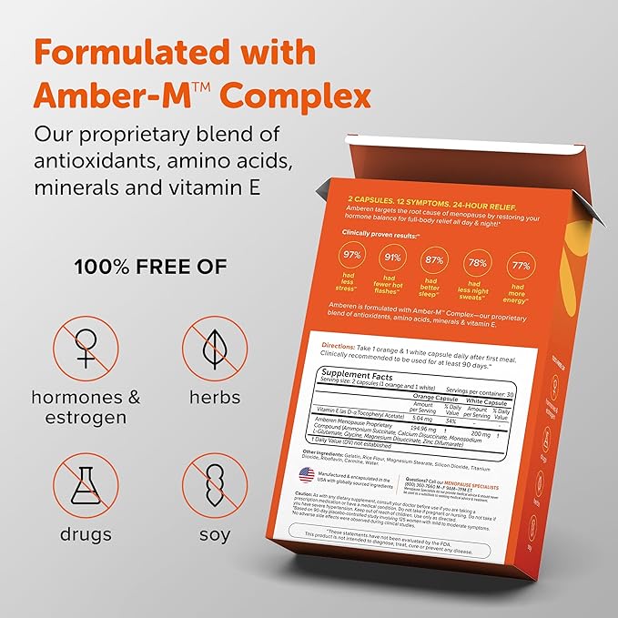 Amberen: Safe Multi-Symptom Menopause Relief. Clinically Shown to Relieve 12 Menopause Symptoms: Hot Flashes, Night Sweats, Mood Swings, Low Energy and More. 2 Month Supply