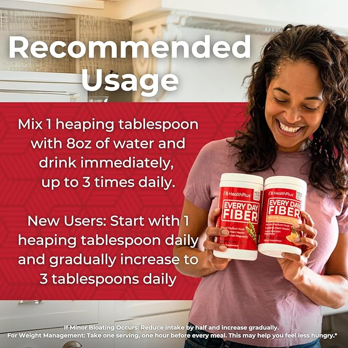 Health Plus Every Day Fiber Digestive Support | No Artificial Flavors | Daily Fiber for Toxin Elimination To Reduce Bloating | Psyllium Husk | Orange Flavor | 9 Ounces, 36 Servings.