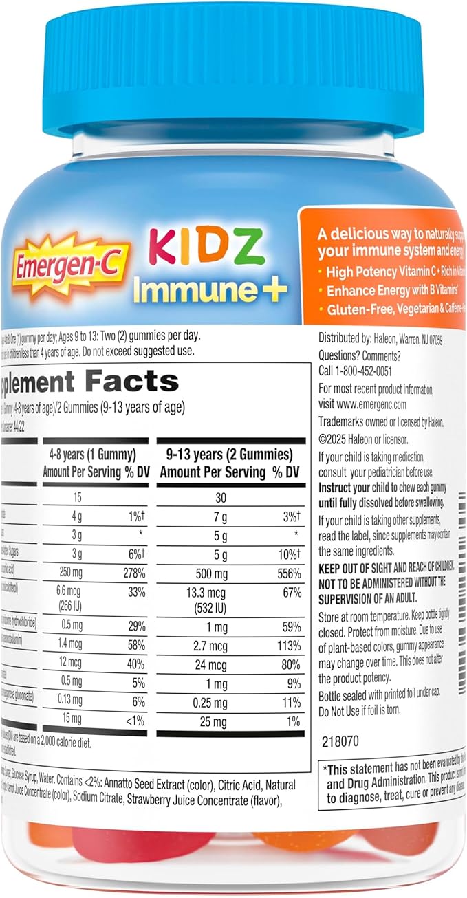 Emergen-C Kidz Immune+ Immune Support Dietary Supplements, Flavored Gummies with Vitamin C, B Vitamins and Vitamin D for Immune Support, Fun-Tastic Fruit Flavored Gummies - 44 Count