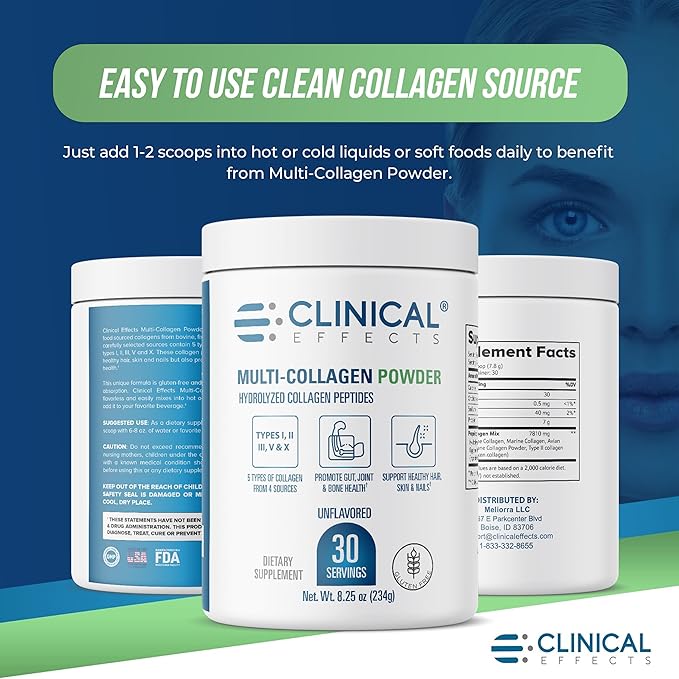 Clinical Effects Multi-Collagen Powder - Collagen Dietary Supplement - 8oz - 30 Servings - 5 Types of Quality-Sourced Multi-Collagen to Support Joint, Bone, Skin and Nail Health - Fast Absorption