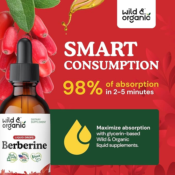 Wild & Organic Berberine Liquid Drops - 500mg Berberine Supplement HCL for Overall Support - Natural Extract Tincture - Vegan, Alcohol & Sugar-Free - 2 fl oz