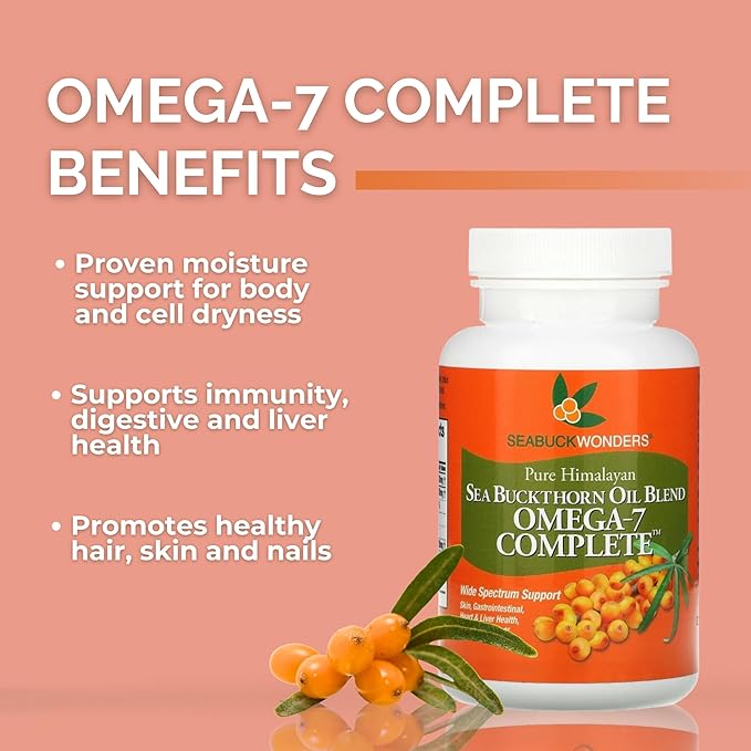 Organic Sea Buckthorn Oil, Omega-7 Complete Softgels, 30 Count, with Omega 3, 6 & 9, Supports Hair, Skin & Nail Health, 1000mg per Serving