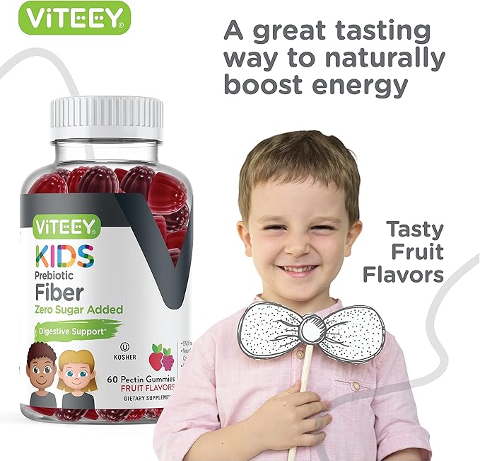Viteey Prebiotic Kids Fiber for Constipation Relief, Digestive Health Regularity Support, Natural Weight Support - Fiber 4g, Zero Sugar Added, Vegan, Gluten Free - Tasty Chewable Fruit Flavored Gummy