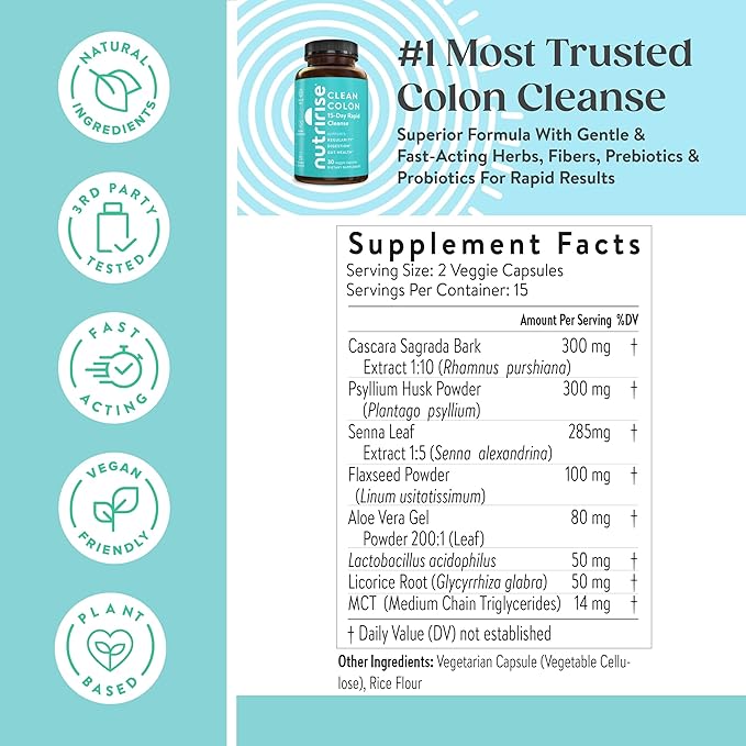 NutriRise 15 Day Quick Colon Cleanse for Gut Health - Digestive Support with Probiotics & Fiber for Constipation, Regularity & Bloating, Sugar & Gluten Free