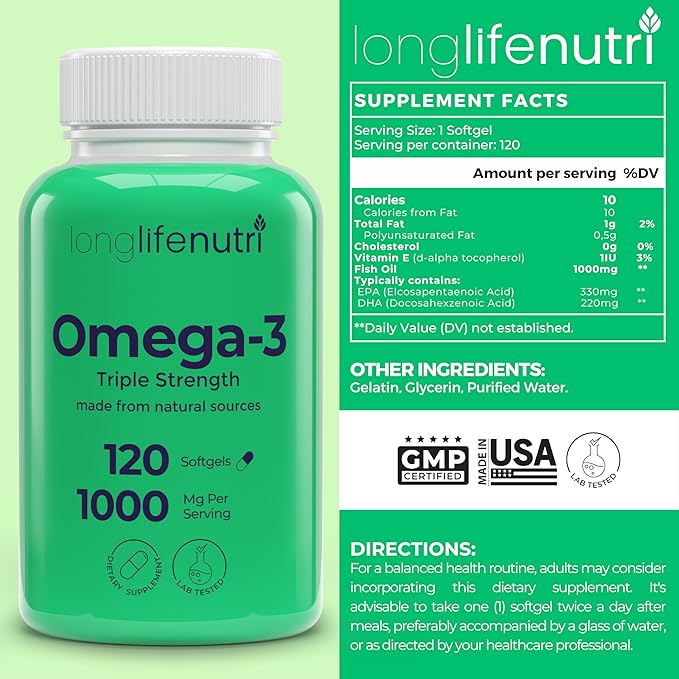 Omega 3 Fish Oil 1000mg - with High EPA & DHA, 120 Softgels, Fatty Acids Supplement for Cognitive Function, from Salmon, 4-Month Supply, GMP Certified, Made in USA