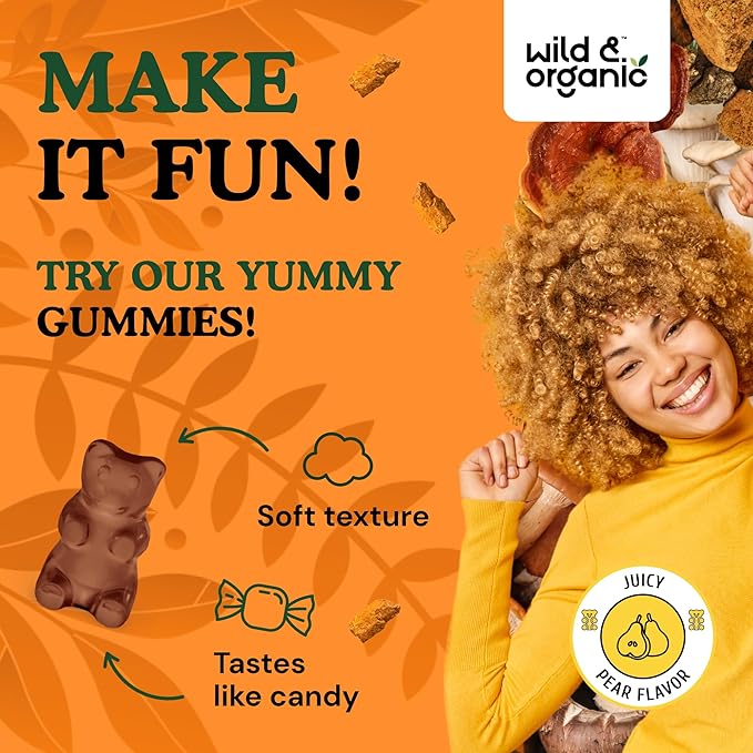 Wild & Organic Mushroom Gummies - Lion's Mane, Cordyceps, Turkey Tail, Reishi, Chaga, Maitake - 10-in-1 Complex - Mushroom Supplement Gummies for Immune & Brain Support - 60 Count