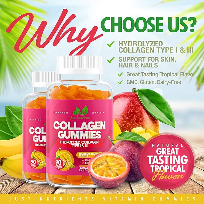 Collagen Gummies for Women & Men (90 Count) - Premium Hydrolyzed Collagen Type I & III for Hair, Skin & Nails Support - Great Tasting Tropical Flavor, Gluten-Free, Non-GMO - 90 Gummies (45 Servings)