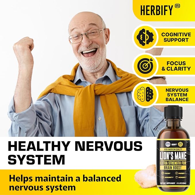 HERBIFY Lions Mane Supplement - Daily Mushroom Supplement for Memory, Focus & Clarity - Brain Booster - Lions Mane Tincture for Immune Support - 4 Fl oz