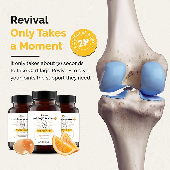 Cartilage Revive + Joint Support Supplement for Men and Women for Strong, Flexible Joints - Powered by D-Glucosamine Sulfate, MSM, Vitamin D3, Vitamin C and More - 60 Capsules