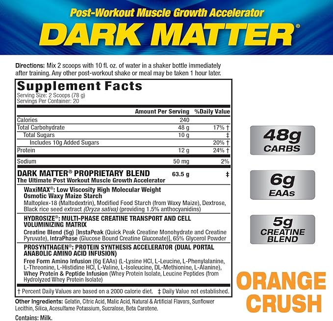 Maximum Human Performance MHP Dark Matter Post Workout, Recovery Accelerator, w/Multi Phase Creatine, Waxy Maize Carbohydrate, 6g EAAs, Orange Crush, 20 Servings, 55 Oz