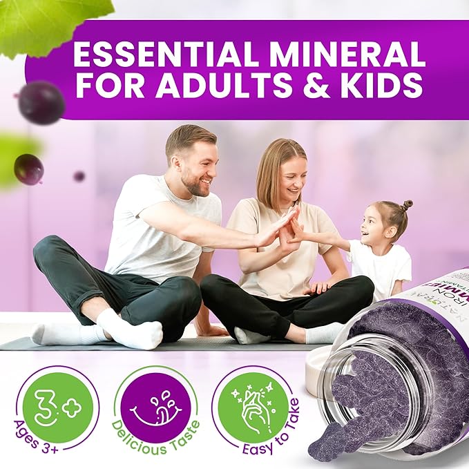 Iron Gummies with Vitamin C - Iron Deficiency Anemia Supplement for Adults & Kids, Chewable, Red Blood Cell Support, Energy, Immune Function, Brain Health, Max Absorption, 120 Vegan Gummies