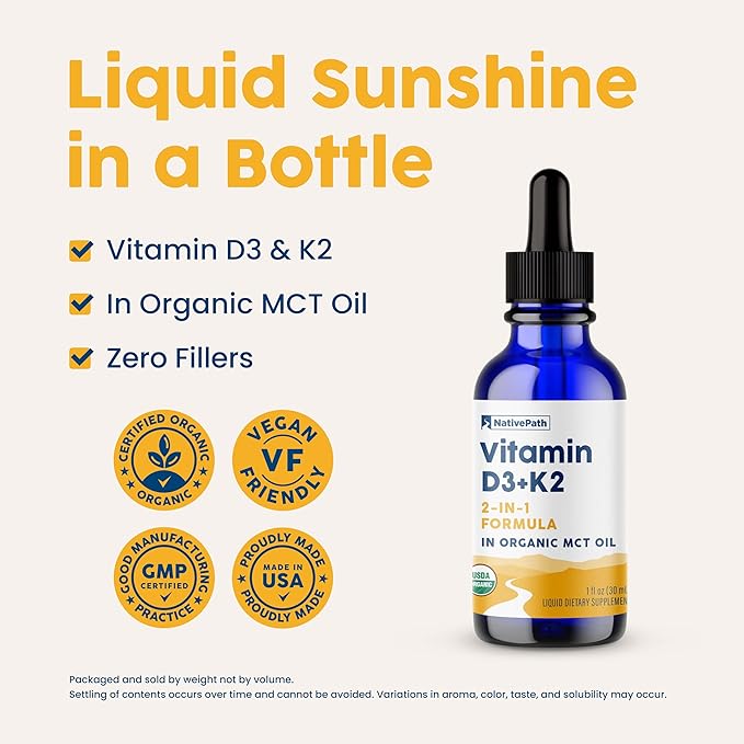 NativePath D3K2 Tincture - 2000IU Vitamin D3 and Vitamin K2 Supplement with Organic MCT Oil - 1 Fluid Ounce - Rapid Bioavailability Multi-Vitamin for Bone Strength and Total Body Wellness, 30 Servings