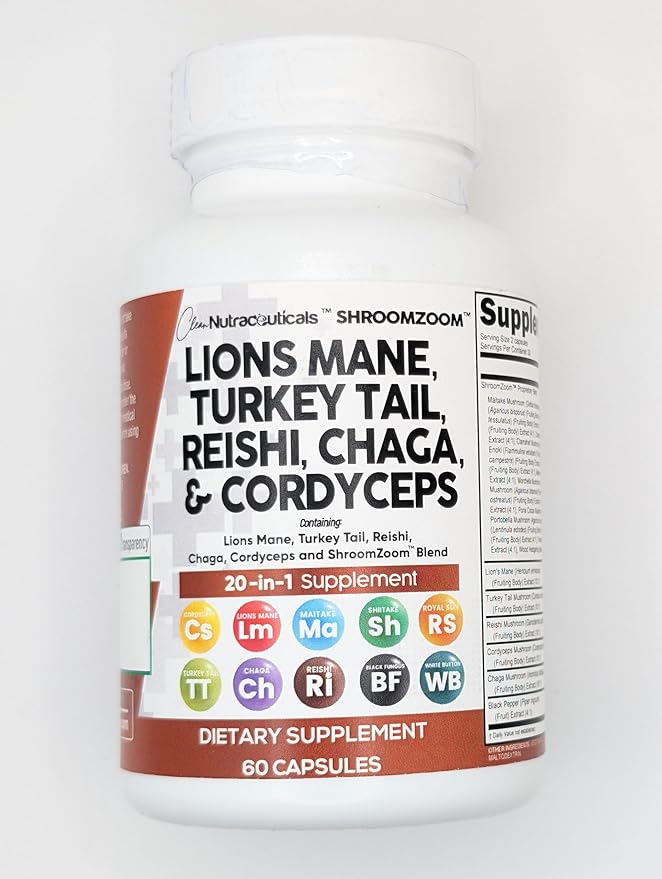 Clean Nutraceuticals Lions Mane 20in1 Mushroom Supplement with Turkey Tail Reishi Cordyceps Chaga Maitake Meshima Poria Cocos Shiitake Oyster Porcini Enoki (5)