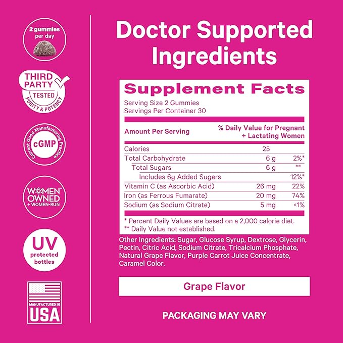 Pink Stork Prenatal Iron Supplement Gummies for Women - 20 mg with Vitamin C - Grape Chewable for Deficiency, Energy, & Blood Builder - 60 Gummy Chews
