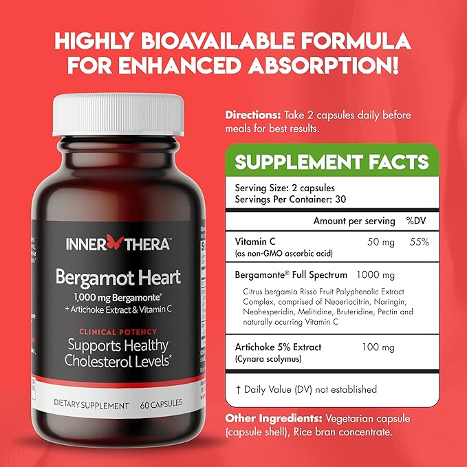 Bergamot Heart -1000mg Certified Bergamonte Italian Citrus Bergamot -Highest Polyphenols - Cardiologist Developed & Clinically Proven - Bergamot Supplement for High Cholesterol & Heart Health