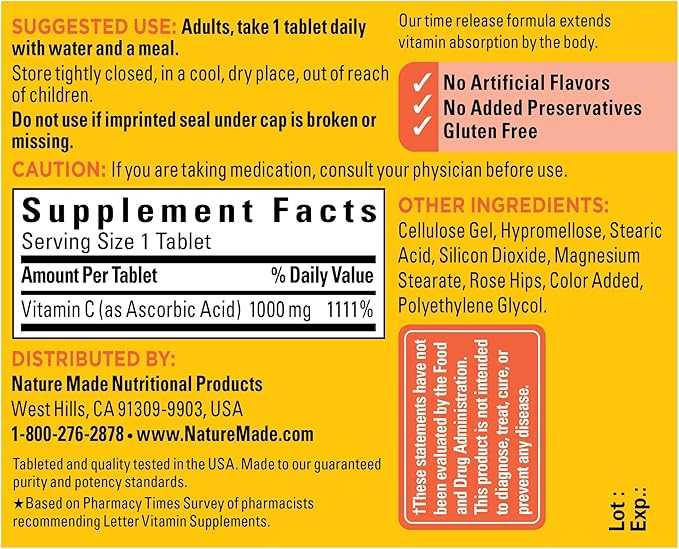 Nature Made Vitamin C 1000 mg Time Release Tablets with Rose Hips, 60 Count to Help Support the Immune System