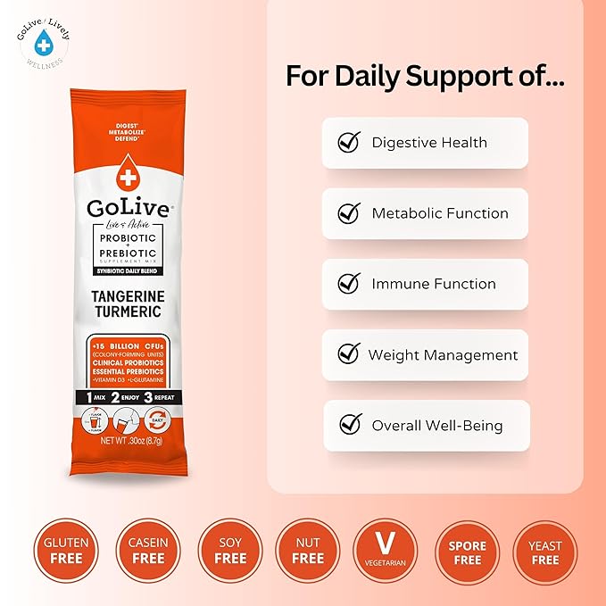 GoLive Prebiotic and Probiotic for Women, Men, Kids. Tangerine Turmeric Synbiotic Powder w/ L-Glutamine, Vitamin D3, Electrolytes. For Gut Health, Digestion, Metabolism, Immunity 15-50B CFUs.