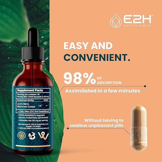 Lions Mane - Lions Mane Supplement - Promotes Mental Clarity, Memory & Focus - Lions Mane Liquid for Immune Support - Mushroom Tincture - 2 Fl Oz by E2H