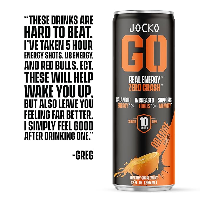 Jocko GO Energy Drink (Afterburner Orange) - KETO, Vitamin B12, Vitamin B6, Electrolytes, L Theanine, Magnesium- Energy Boost, Sugar Free Nootropic Monk Fruit Blend - 12 Pack