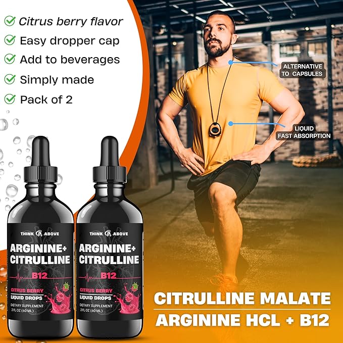L-Arginine + L-Citrulline Liquid Drops with Vitamin B12 – Citrus Berry Flavor, 2 fl oz (60 ml) Pack of 2 - Fast Absorption, Easy-to-Use