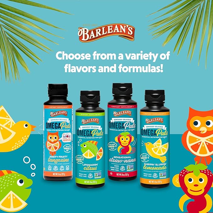 Barlean's Omega Pals Lipsmackin' Citrus Flavored Omega-3 for Kids, Yummy Children's Liquid Fish Oil Supplement with 750 mg of EPA & DHA for Brain & Eye Health, 8 oz