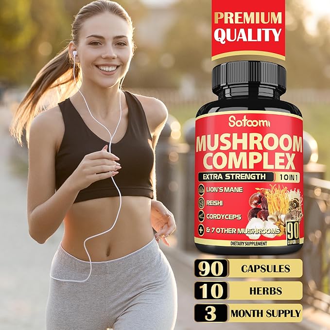 Satoomi 10in1 Mushroom Supplement Complex - Lions Mane, Cordyceps, Reishi, Chaga - Brain Supplements for Memory and Focus - 3 Month Supply