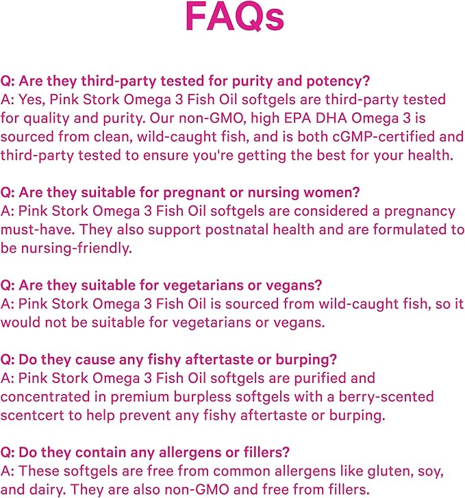 Pink Stork Omega 3 Fish Oil Supplements for Women with DHA and EPA - High Potency Burpless Omega-3 Supplement for Cognitive Health - 60 Softgels