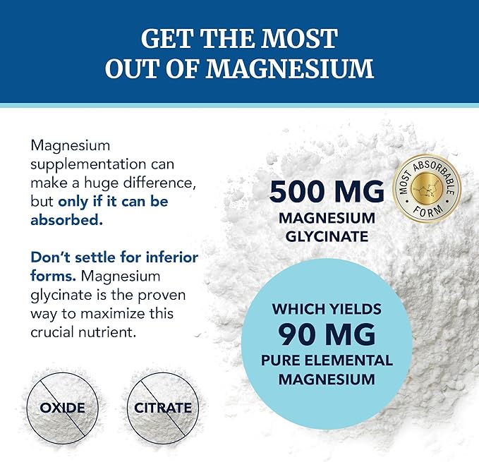 Magnesium Glycinate 500mg | High Absorption | Chelated for Muscle Relaxation, Bones, Heart, Nerve, Sleep & Calm Support for Women & Men | Magnesium Chelate Supplement & Bisglycinate Complex | 120ct