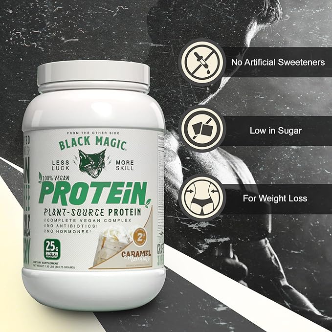 Worldwide Nutrition Bundle Compatible with Black Magic Multi-Source Protein Powder - Vegan Caramel Macchiato | High Protein Powder, Low Carb, Low Sugar | Whey, Egg & Casein Blend - 2 LB with Keychain