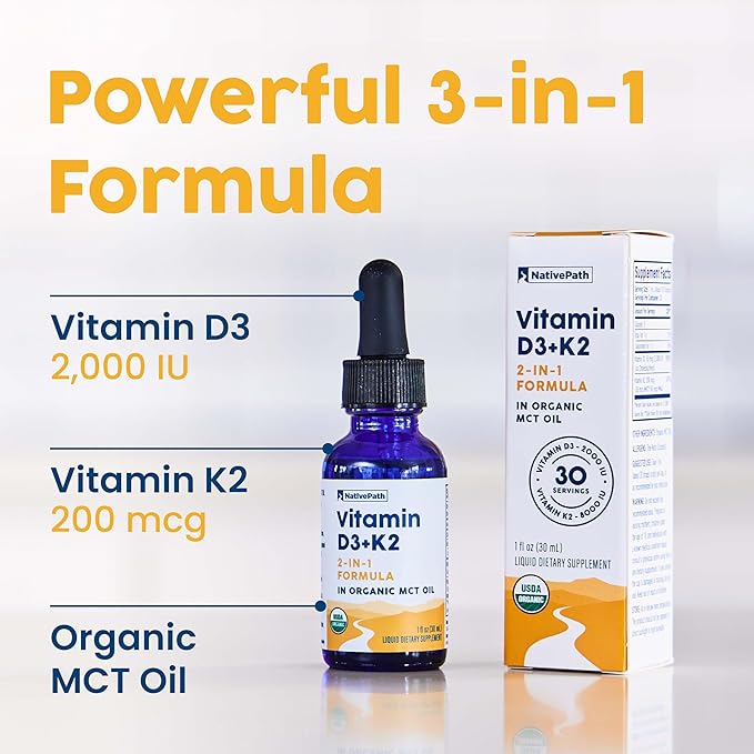 NativePath D3K2 Tincture - 2000IU Vitamin D3 and Vitamin K2 Supplement with Organic MCT Oil - 1 Fluid Ounce - Rapid Bioavailability Multi-Vitamin for Bone Strength and Total Body Wellness, 30 Servings