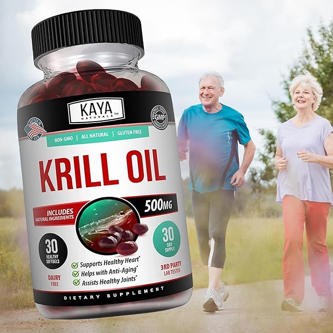 Kaya Naturals - Antarctic Krill Oil 500mg with Omega 3, EPA, DHA, Phospholipids & Astaxanthin Supplement - Brain & Health Vitamin - Anti Aging Supplement - 30 Count Softgels