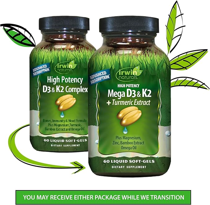 Irwin Naturals High Potency Mega D3 & K2 + Turmeric Extract for Healthy Bones, Immune Function & Positive Mood - Advanced Absorption with Magnesium, Turmeric, Bamboo & Omega Oil - 60 Liquid Softgels
