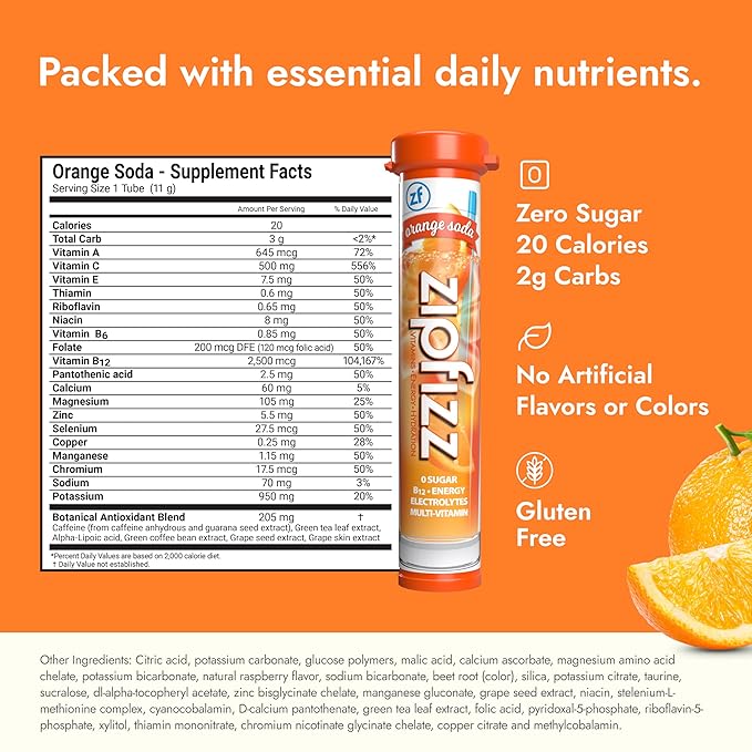 Zipfizz Daily Energy Drink Powder, Orange Soda, 12 Pack | 3-in-1 Sustained Energy, Rapid Hydration, and Essential Vitamins | Sugar-Free | Electrolyte Powder | Contains Vitamin B-12 & Antioxidants
