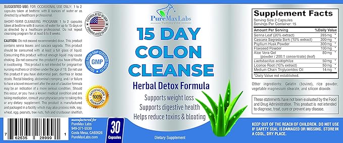 15 Day Colon Cleanse and Detox, Herbal Detox Formula, Supports Weight Loss, Constipation Relief - Boosts Energy. Flush Toxins, Natural Safe Colon Cleanser for Men and Women - 30 Capsules