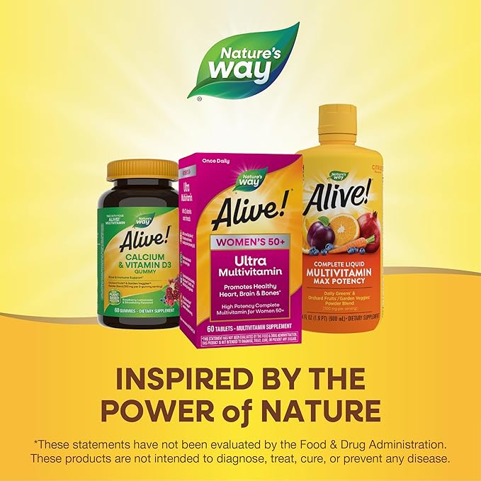Nature’s Way Alive! Women’s 50+ Ultra Potency Complete Multivitamin, High Potency Formula, Promotes Healthy Heart, Brain, Bones*, with Methylated B12, Gluten-Free, 60 Tablets