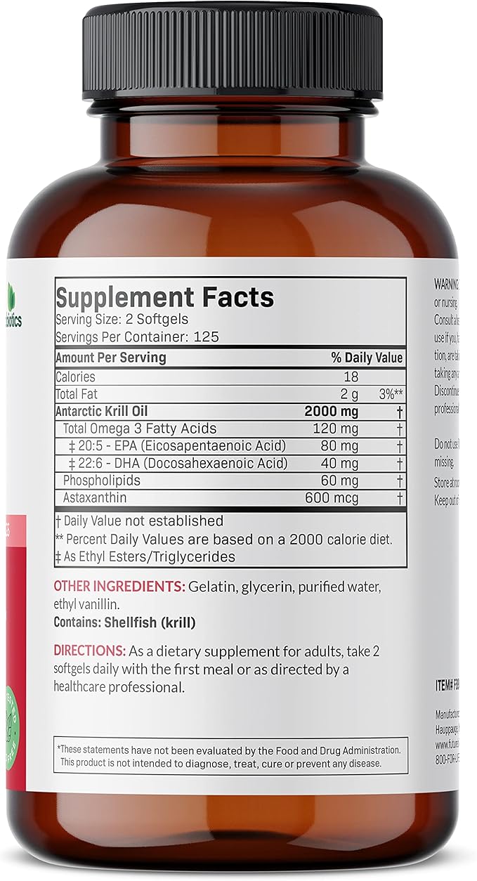 Futurebiotics Antarctic Krill Oil 2000mg with Astaxanthin, Omega-3s EPA, DHA and Phospholipids - 100% Pure Premium Krill Oil Heavy Metal Tested, Non GMO – 250 Softgels