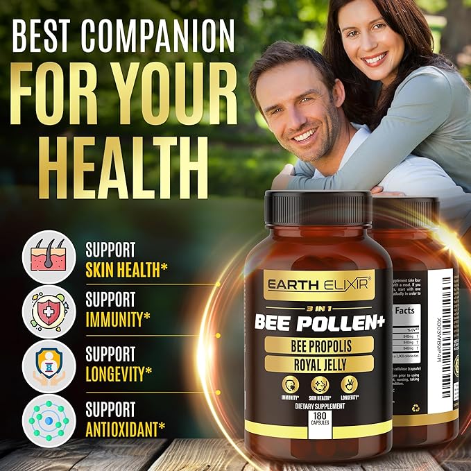 3-in-1 Organic Bee Pollen Capsule – Non-GMO, Pure Raw Bee Pollen, Royal Jelly, Propolis Extract for Women & Men – Natural Energy, Immune & Vitality Support – 180 Propolis Capsules