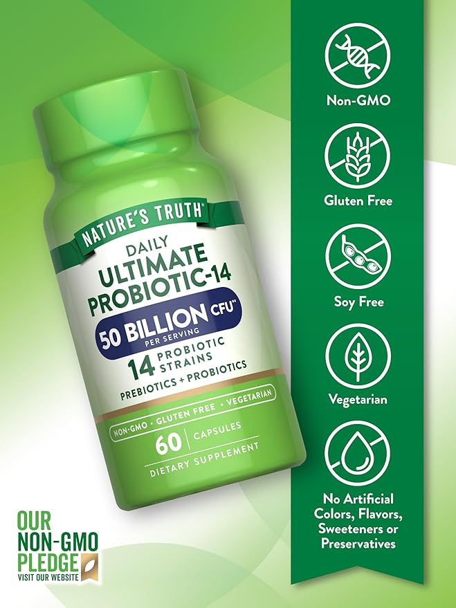 Nature's Truth Probiotic 50 Billion CFU | 200mg Prebiotics | 60 Capsules | Vegetarian, Non-GMO & Gluten Free Supplement for Men and Women | Supports Digestive Health