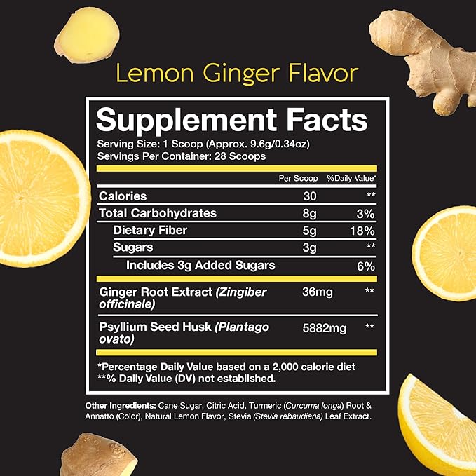 Pinch Magic Fiber Supplement Powder | Lemon Ginger Flavored Psyllium Husk Powder for Digestive Health & Gut Support | Low Sugar Supplement for Keto & Vegan Diets | USA-Made | 28-Day Supply