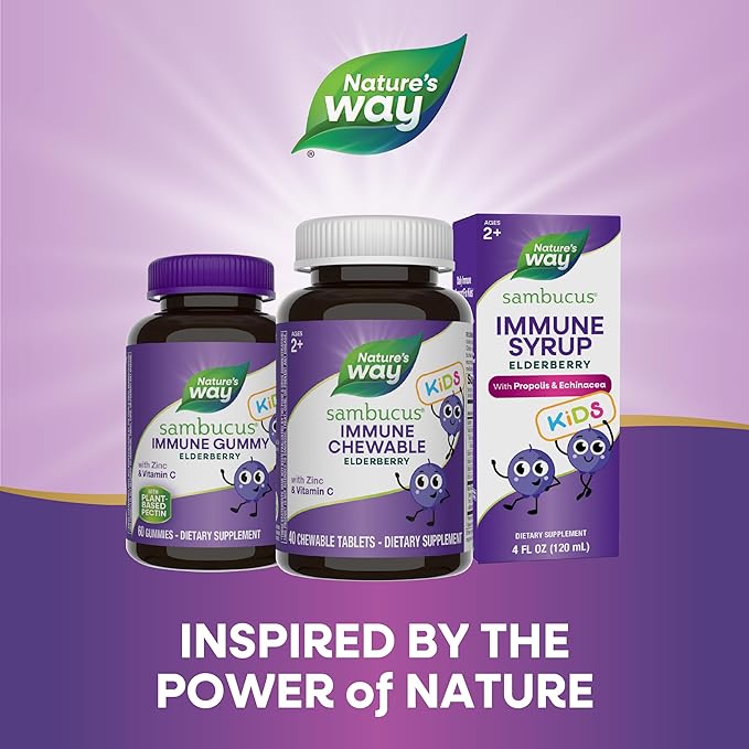 Nature's Way Sambucus Immune Chewable for Kids, Elderberry, Ages 2+, Immune Support*, Vitamins C & A, Zinc, Gluten Free, 40 Chewable Tablets (Packaging May Vary)
