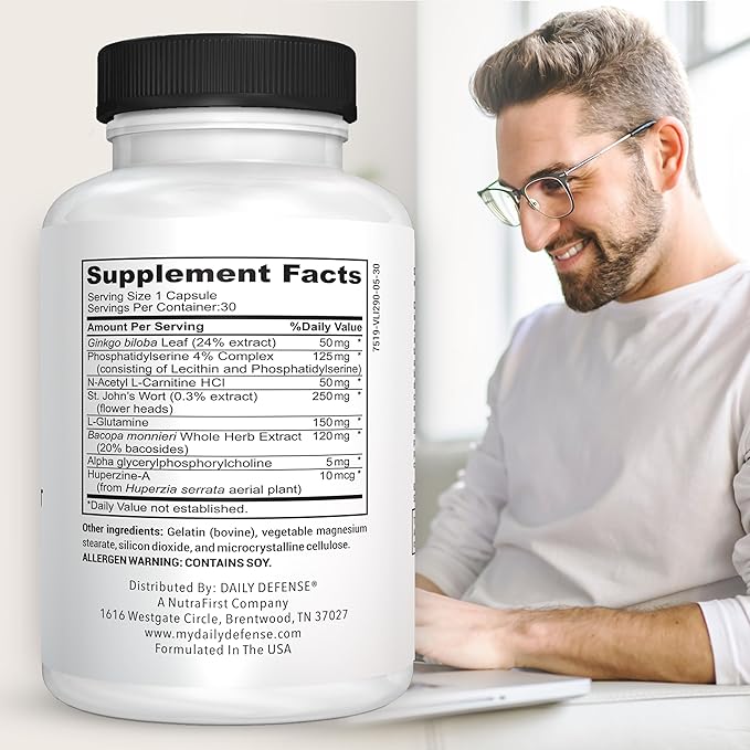 Nootropics Brain Support Supplement - 30 Capsules - Focus & Memory Supplement for Brain with Bacopa Monnieri, Huperzia Serrata, St. John's Wort & Ginkgo Biloba - Neuro Support