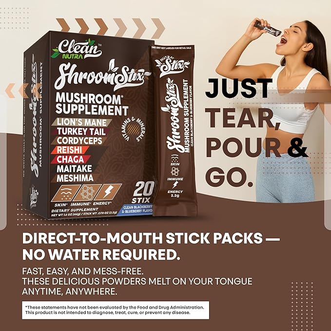 Clean Nutraceuticals Lions Mane 24in1 Mushroom Supplement with Turkey Tail Reishi Cordyceps Chaga Maitake Shiitake Enoki Oyster Porcini Tremella – 20 Easy to Take Shroom Stix