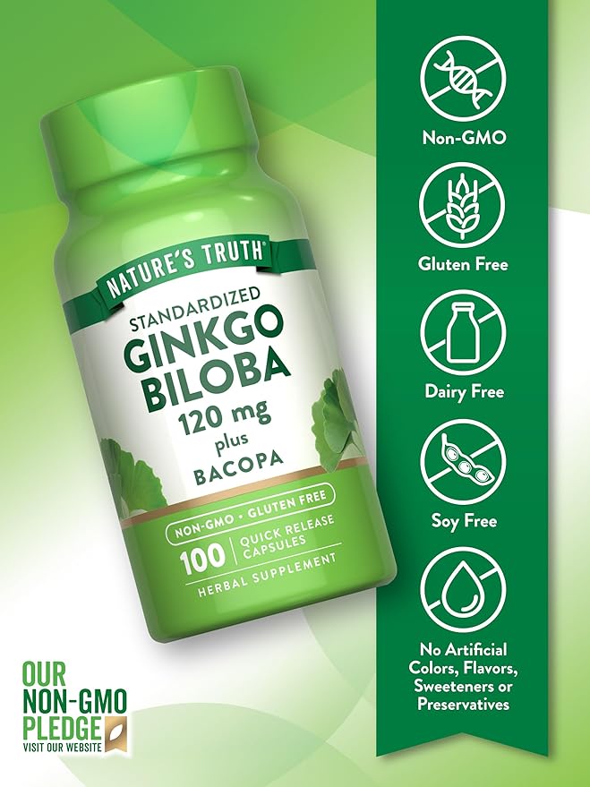 Nature's Truth Ginkgo Biloba 120mg | Plus Bacopa | 100 Quick Release Capsules | Standardized Extract | Non-GMO and Gluten Free Supplement