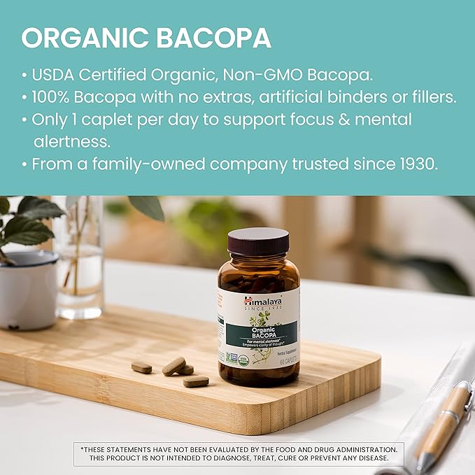 Himalaya Organic Bacopa Monnieri Nootropic Herbal Supplement, Mental Alertness, Supports Calm, Memory, Cognition, USDA Certified Organic, Non-GMO, 750 mg, 30 Plant-Based Caplets, 30 Day Supply