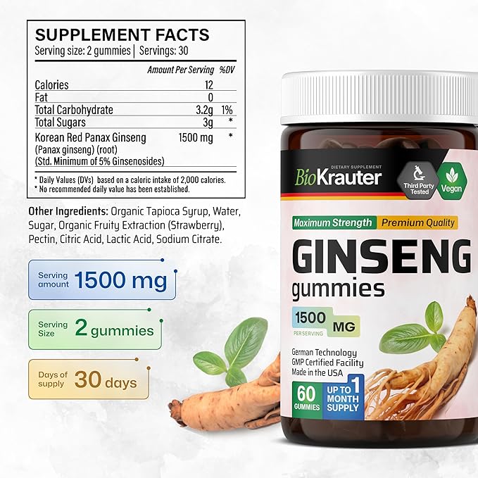 BIO KRAUTER Panax Ginseng Gummies - 1500 mg Strength - 60 Count - Chewable Red Ginseng Supplement - Immune Support Gummies - Vegan, Pectin-Based, Non-GMO