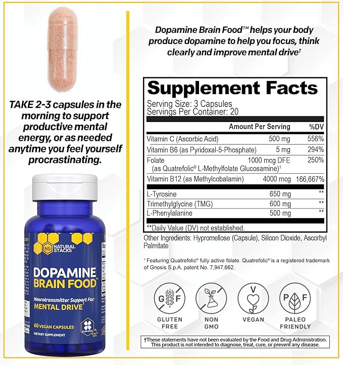NATURAL STACKS Ginkgo Biloba + Dopamine Brain Food Bundle - Supports Focus & Mental Drive* - 120 Capsules