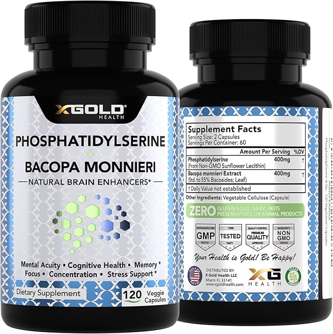 PhosphatidylSerine & Bacopa Monnieri 400 mg 2 in 1 Supplement - Natural Brain Enhancer/Nootropic for Enhanced Focus and Concentration, Memory Support, & Cognitive Function - 120 Vegetarian Capsules
