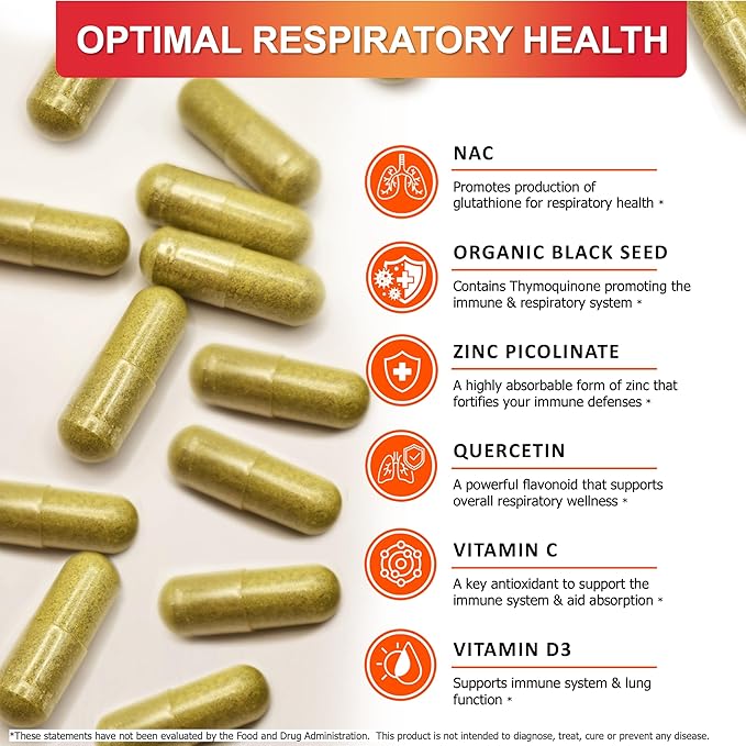 NAC 600mg Black Seed 500mg Zinc Picolinate Quercetin Vitamin C Vitamin D3 Respiratory Support (Pack of 1 Bottle at 120-Caps)